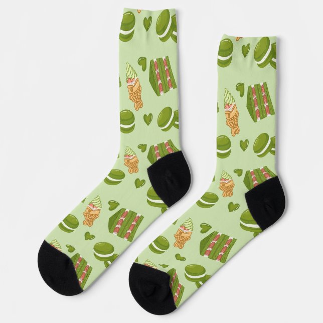  Kawaii Hand-Drawn Matcha Sweets Seamless Pattern Socks (Left)