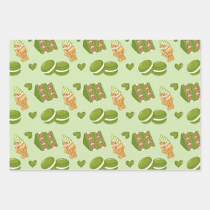 Kawaii Hand-Drawn Matcha Sweets Seamless Pattern Wrapping Paper Sheet
