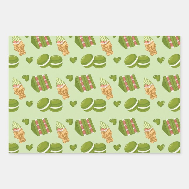 Kawaii Hand-Drawn Matcha Sweets Seamless Pattern Wrapping Paper Sheet (Front)