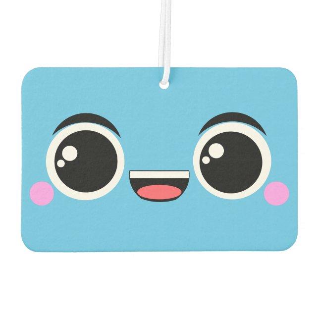 Kawaii Happy Anime Faced Teal Car Air Freshener (Back)