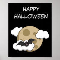 Kawaii Happy Bat Flying on Full Moon | Add Text