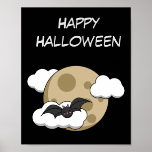 Kawaii Happy Bat Flying on Full Moon Add Text Poster