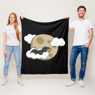 Kawaii Happy Bat Flying on Full Moon Fleece Blanket