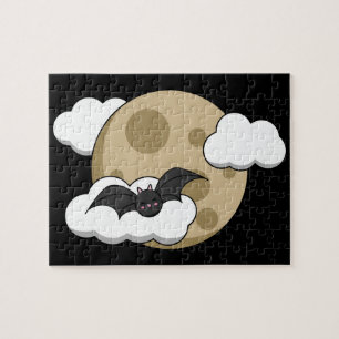Kawaii Happy Bat Flying on Full Moon Jigsaw Puzzle