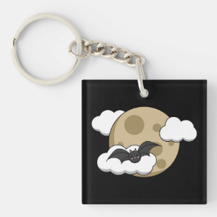 Kawaii Happy Bat Flying on Full Moon Key Ring