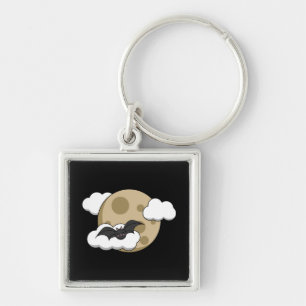 Kawaii Happy Bat Flying on Full Moon Key Ring
