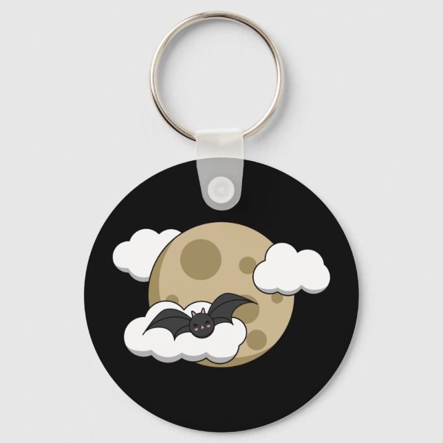 Kawaii Happy Bat Flying on Full Moon Key Ring (Front)
