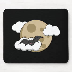 Kawaii Happy Bat Flying on Full Moon Mouse Mat