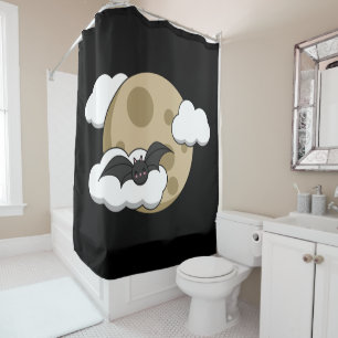 Kawaii Happy Bat Flying on Full Moon Shower Curtain