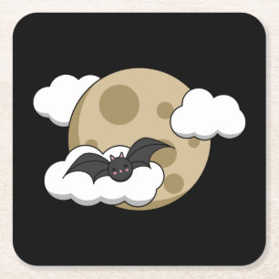 Kawaii Happy Bat Flying on Full Moon Square Paper Coaster