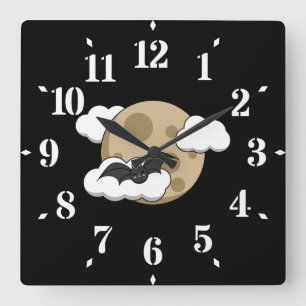 Kawaii Happy Bat Flying on Full Moon Square Wall Clock