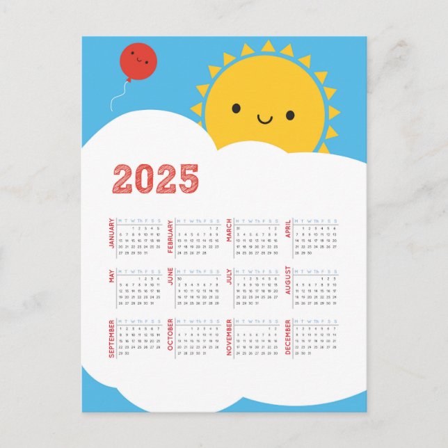 Kawaii Happy Sun 2025 Calendar Postcard (Front)