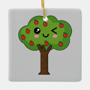 Kawaii Happy Winking Apple Tree Ceramic Ornament