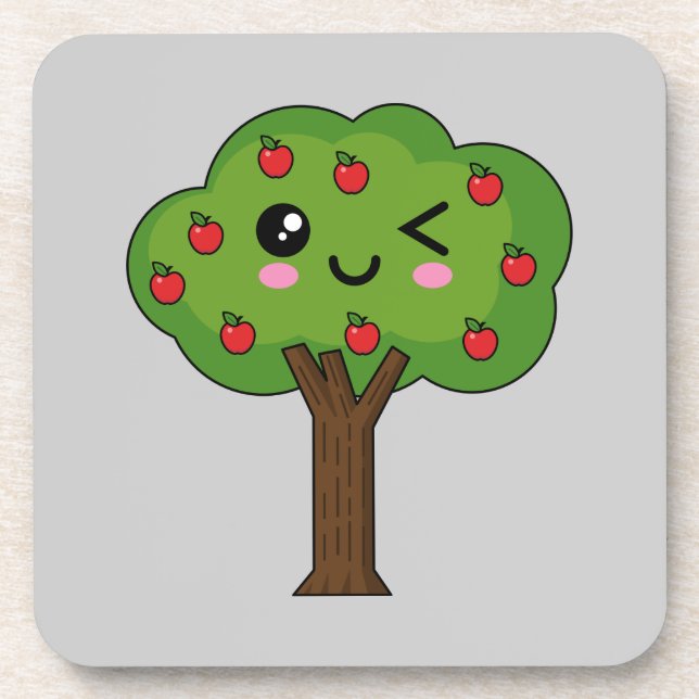 Kawaii Happy Winking Apple Tree Coaster (Front)