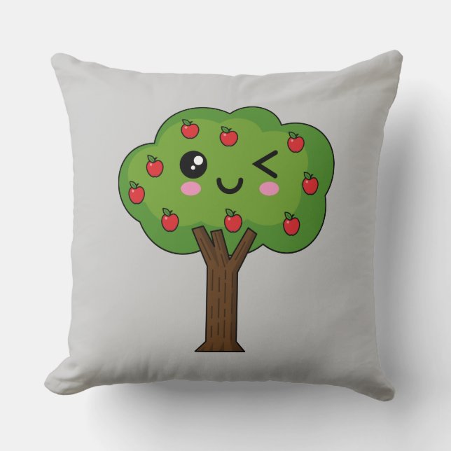 Kawaii Happy Winking Apple Tree Cushion (Front)