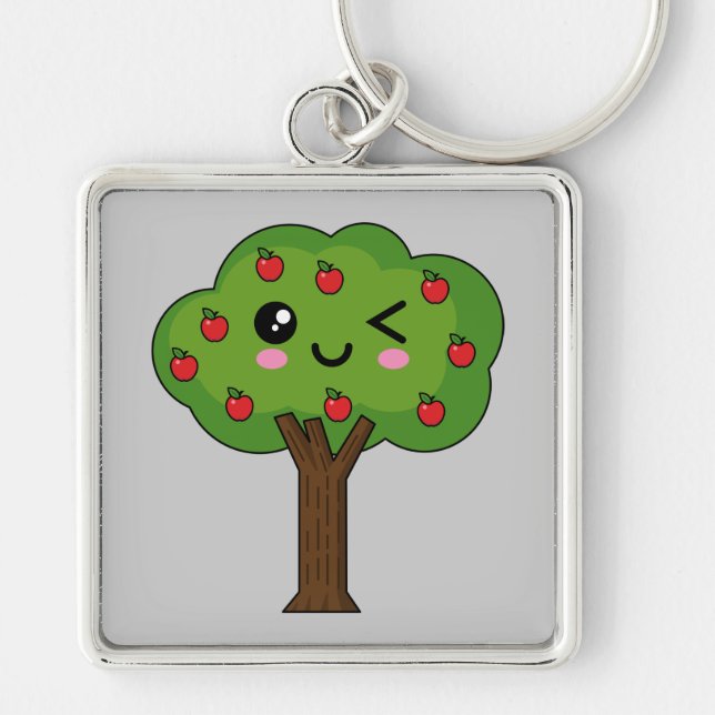Kawaii Happy Winking Apple Tree Key Ring (Front)