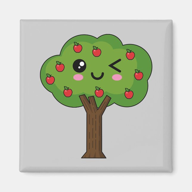 Kawaii Happy Winking Apple Tree Magnet (Front)