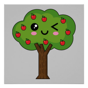 Kawaii Happy Winking Apple Tree Poster