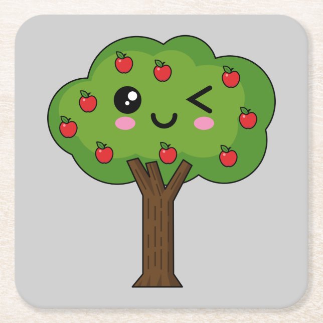 Kawaii Happy Winking Apple Tree Square Paper Coaster (Front)