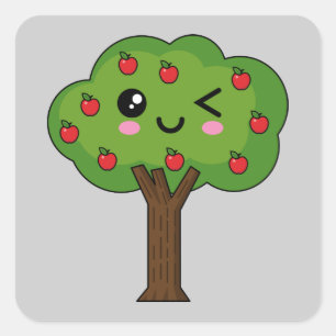 Kawaii Happy Winking Apple Tree Square Sticker