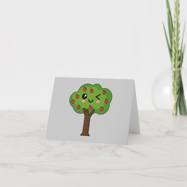 Kawaii Happy Winking Apple Tree Thank You Card (Front)