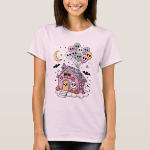 Kawaii Haunted House with Skull Balloons & Ghosts T-Shirt