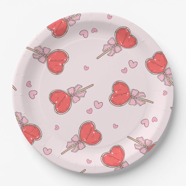 Kawaii Heart Lollipop Paper Plates  (Front)