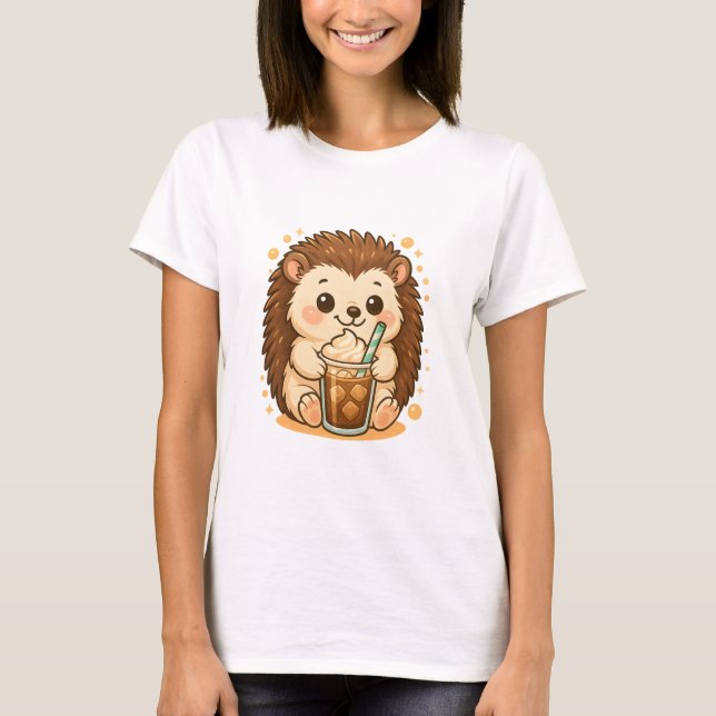Kawaii Hedgehog with Iced Coffee – Cute Café T-Shirt (Front)