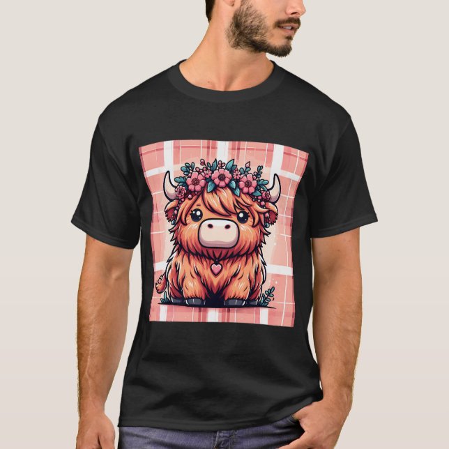 Kawaii Highland Cow With Flower Crown T-Shirt (Front)