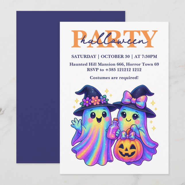 Kawaii Holographic Retro Ghosts Halloween Party Invitation (Front/Back)