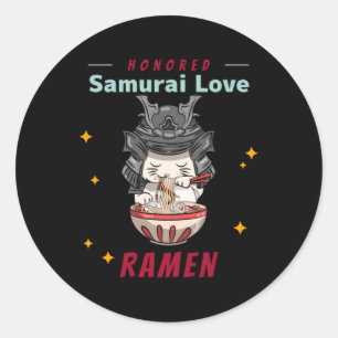 Kawaii Honored Samurai Cat Eat Ramen Classic Round Sticker