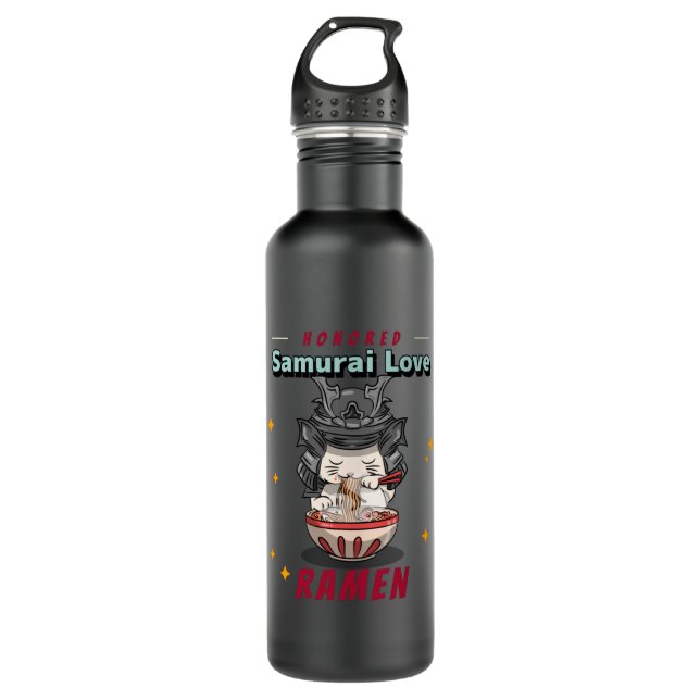 Kawaii Honoured Samurai Cat Eat Ramen 710 Ml Water Bottle (Front)