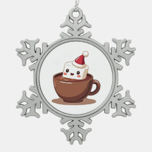 Kawaii Hot Cocoa Mug Smiling Marshmallow Art Snowflake Pewter Christmas Ornament
