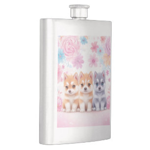 Kawaii Husky Puppies: Pastel Pals Coffee Hip Flask