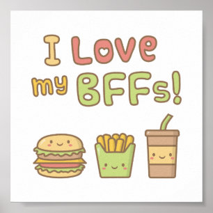 Kawaii I Love My BFFs Fast Food Doodle Poster