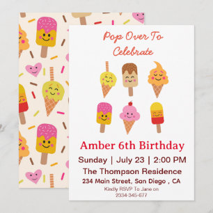 Kawaii Ice Cream and Popsicles Birthday Party  Invitation