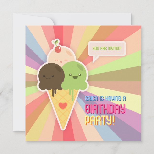 Kawaii Ice Cream Birthday Party Invitation (Front)