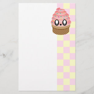 KAWAII ICE CREAM CONE HAPPY STRAWBERRY CHECKERS STATIONERY