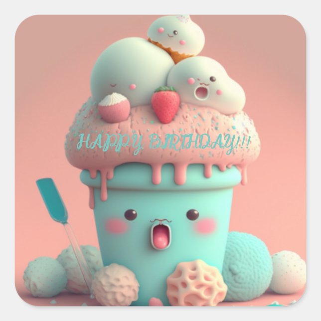 Kawaii  ice cream cup      square sticker (Front)