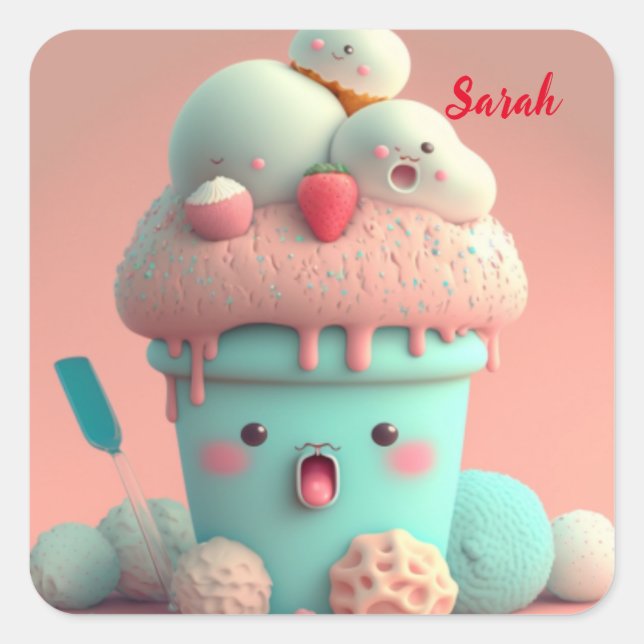 Kawaii  ice cream cup    square sticker (Front)