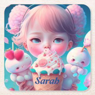 Kawaii  ice cream girl    square paper coaster