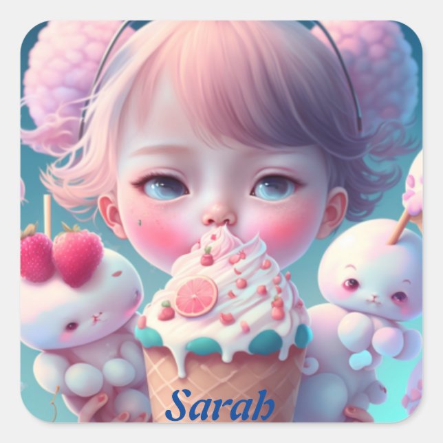 Kawaii  ice cream girl   square sticker (Front)