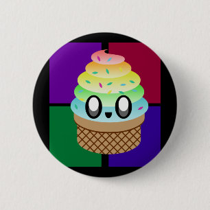 KAWAII ICE CREAM RAINBOW CONE COLOUR SQUARES 6 CM ROUND BADGE