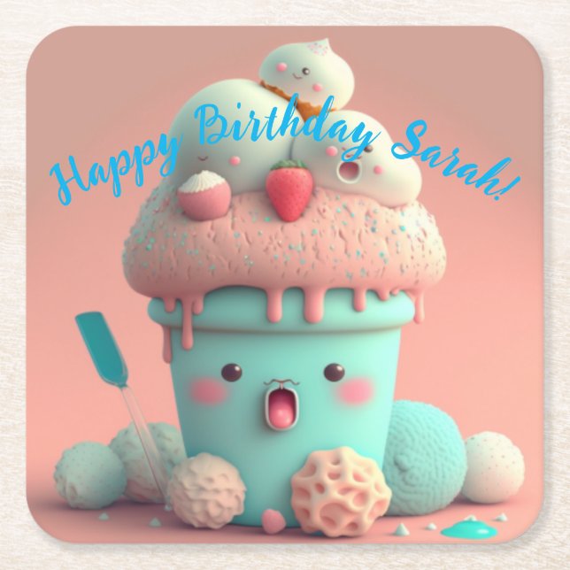 Kawaii  ice cream       square paper coaster (Front)