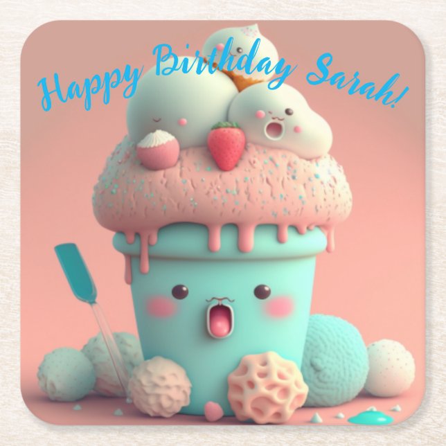 Kawaii  ice cream      square paper coaster (Front)