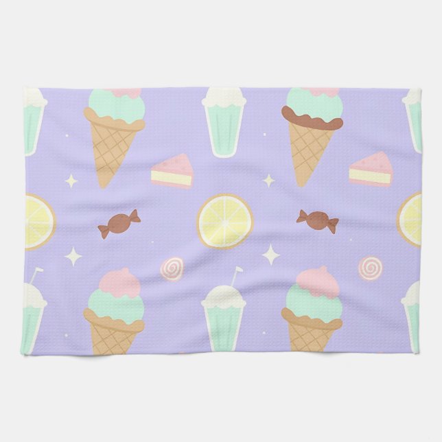Kawaii Ice Cream Sweets Pattern Tea Towel (Horizontal)