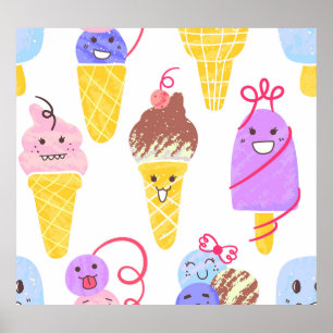 Kawaii ice creams, cute, seamless pattern. poster