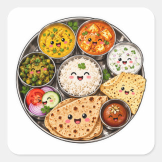 Kawaii Indian Thali Sticker, Cute Indian Food Plat Square Sticker