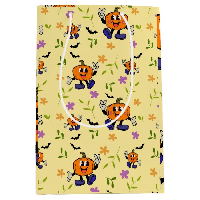 Kawaii Jack-o’-Lantern with Flowers and Bats Medium Gift Bag (Front)