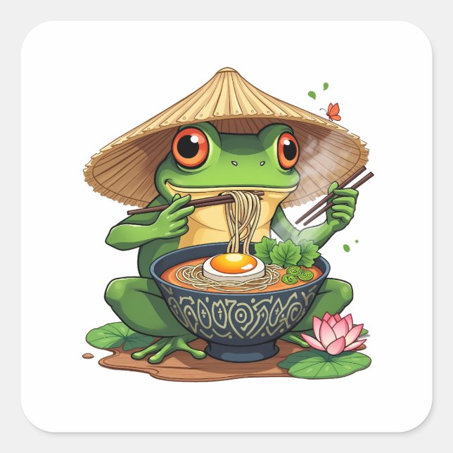 Kawaii Japanese Aesthetic Frog Noodles Square Sticker (Front)
